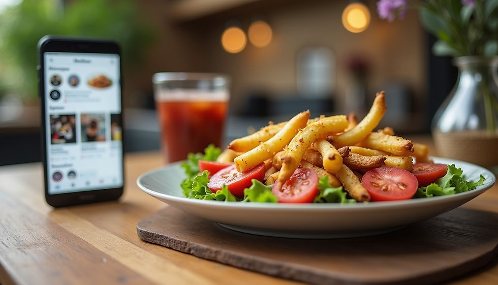 Vista lateral de uma mesa com alimentos calóricos e um celular ligado em redes sociais