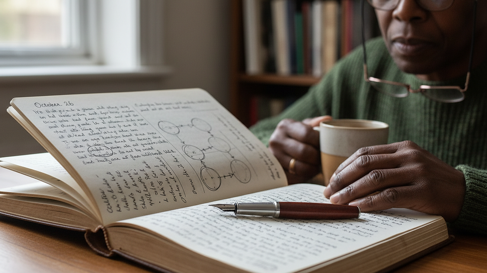 Close-up view of a journal with handwritten notes and a pen