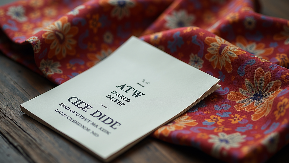 High angle view of a Batik care guide booklet next to a folded Batik garment