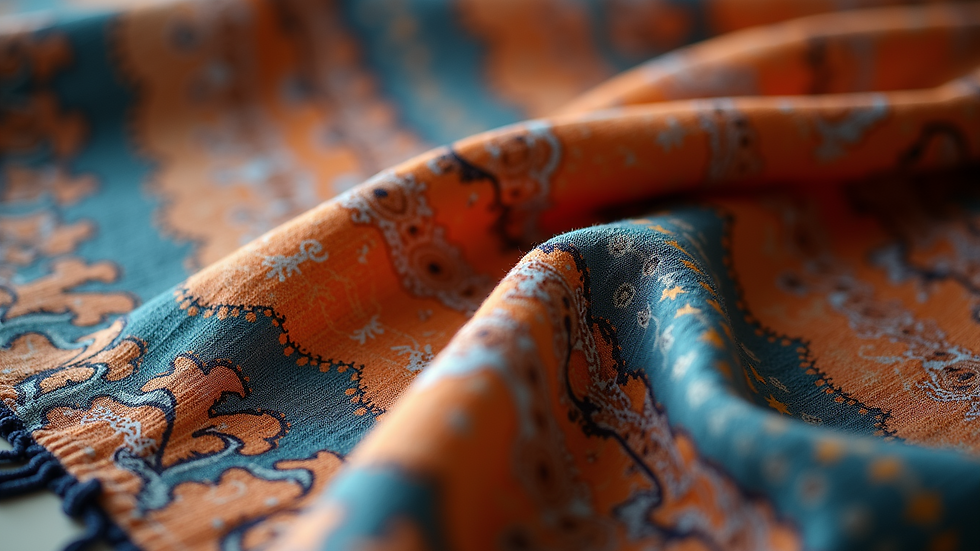 Close-up view of a batik scarf with intricate patterns and soft fabric