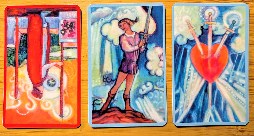 2 of Wands (reversed), Page of Swords, 3 of Swords