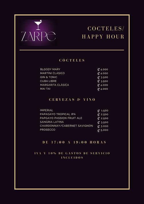 Zarpe Menu Spanish Cocktail Zarpe Lounge - playas Del Coco - Cocktail Lounge