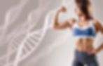 Fit woman flexing her arm in a blue sports bra against a background of DNA strands. The mood is empowering and focused.