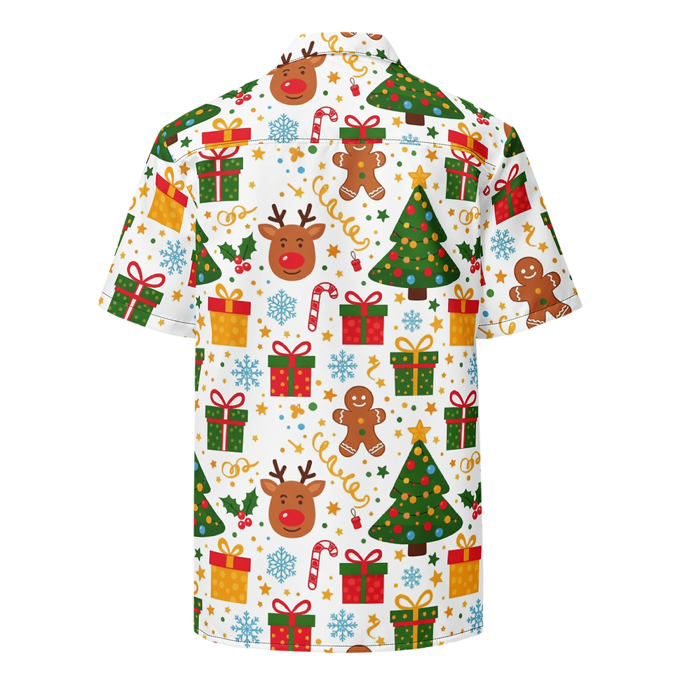 Beyaz zemin üzerine Noel temalı desenli kısa kollu gömlek görseli.