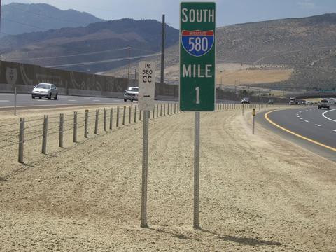Milemarker for Interstate 580 in western USA, with mountains (goals) in the background