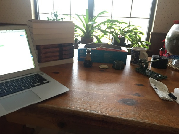 Book signing materials- list, books, ink, inkwell, quill pen and holder, eyedropper, blotter, bags, coffee, bird toothpick holder