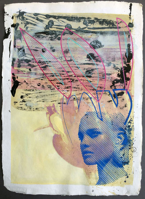 Abstract portrait painting with birds
