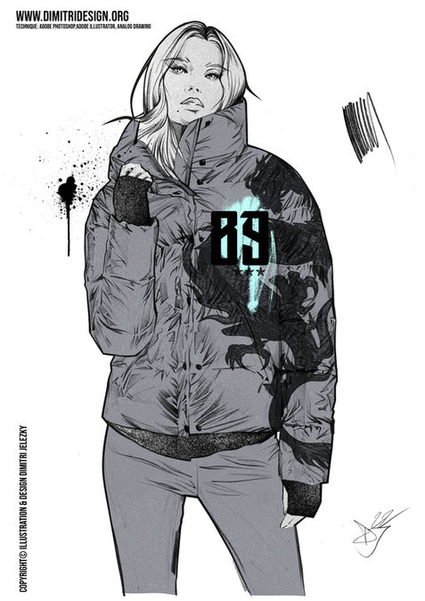 Model wearing stylish puffer jacket, '89' design, fashion design sketch