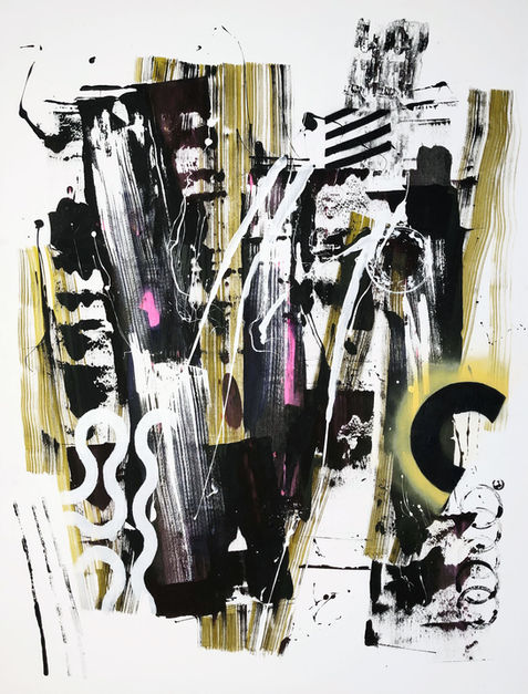 Abstract art print, black, gold, pink accents