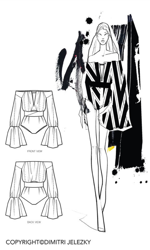 Fashion design sketch: black and white bodysuit with bell sleeves