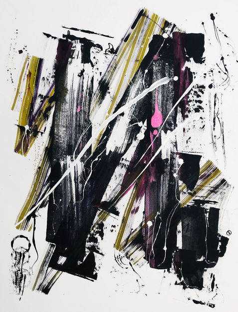 Abstract art painting, black, white, pink, gold brushstrokes
