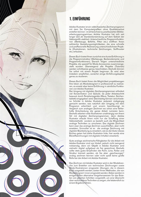 Fashion illustration: Woman's portrait with 'I. Introduction' text