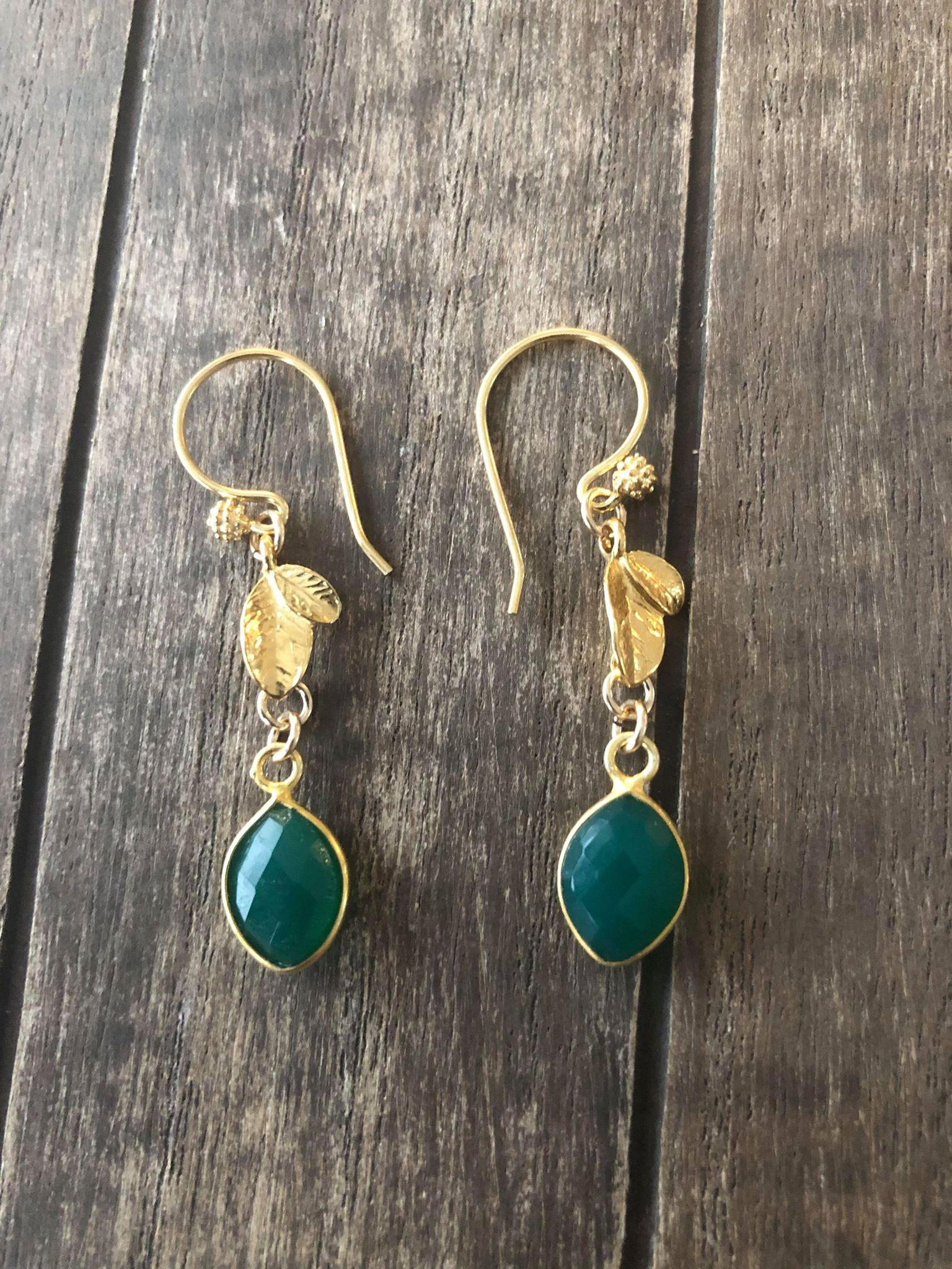 Artisan 24K Gold Vermeil Double Leaf Links birth stone Earrings