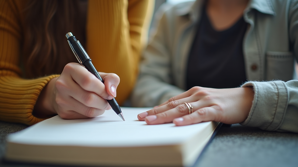 Close-up view of a teen writing in a journal during a coaching session