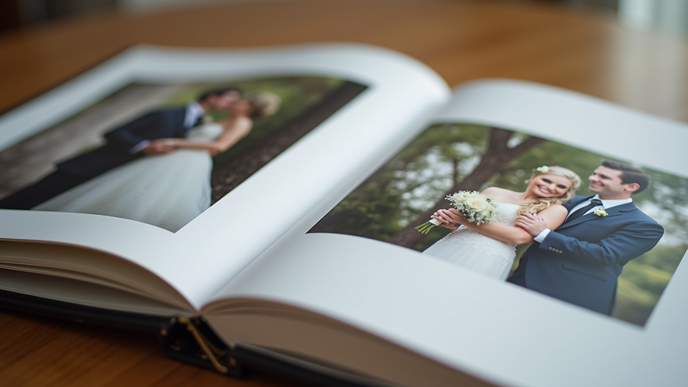 Close-up view of a wedding album with elegant photos