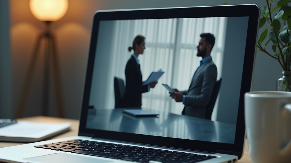 Close-up view of a laptop screen showing a virtual legal consultation