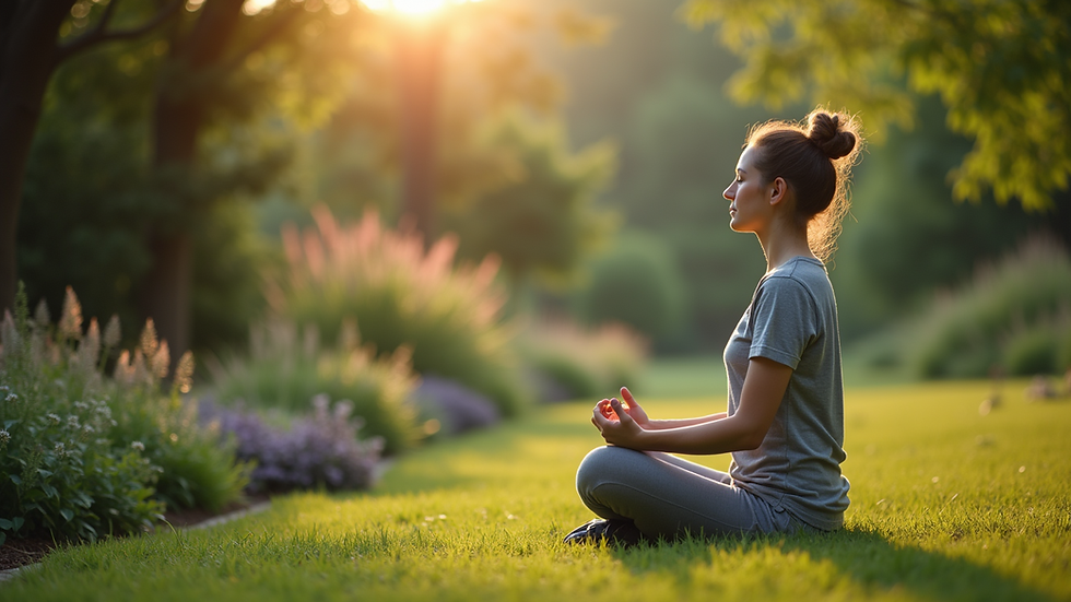 Close-up view of a person meditating in a peaceful garden