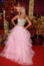 Pink prom ballgown ruffled skirt silver top front view