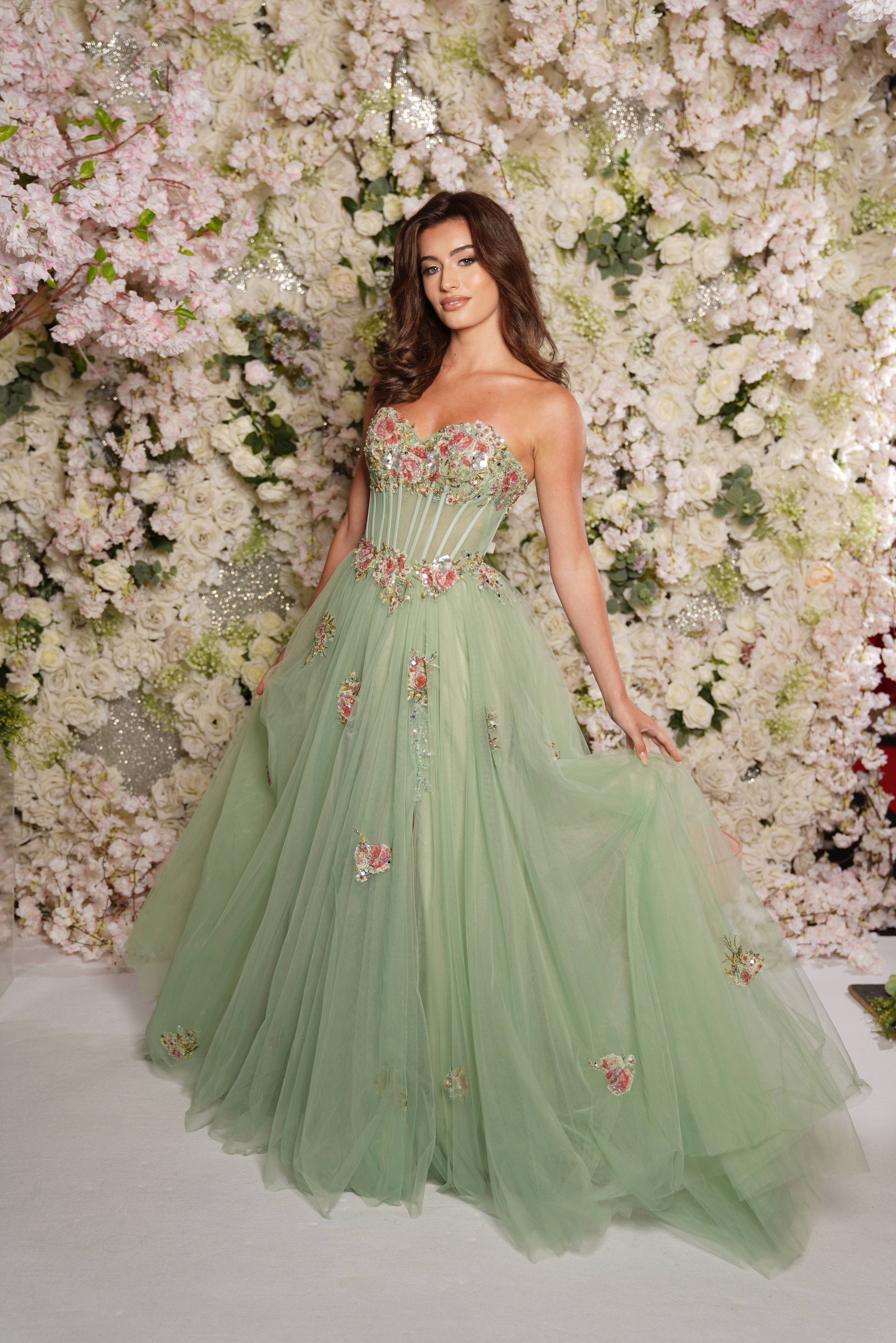 Sage Green Gold Corset Top A Line Dress