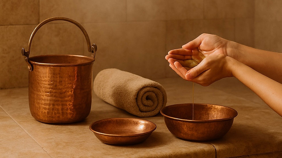 Radiant skin with Beldi soap poured to brass bowls in the preparation for Moroccan home Hammam ritual