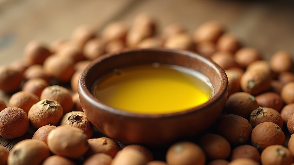 Eye-level view of a small bowl filled with golden argan oil surrounded by argan nuts