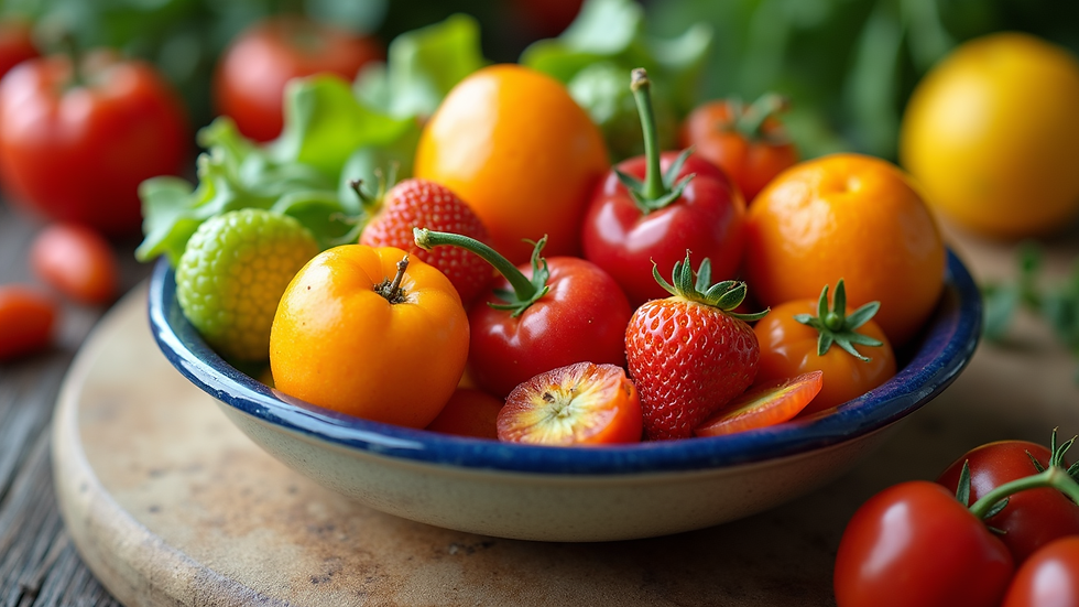 Close-up view of a colorful bowl of fresh fruits and vegetables