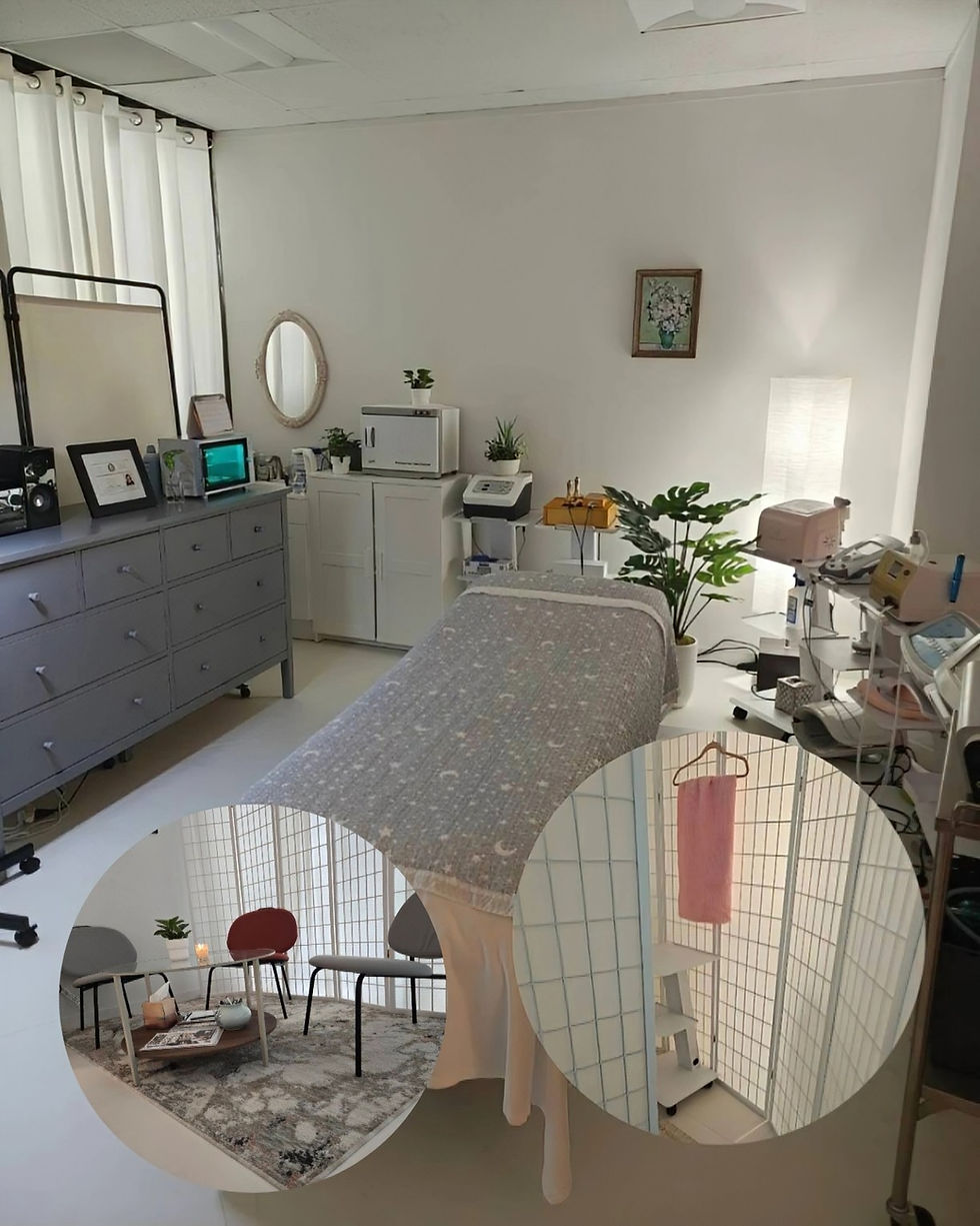 Interior views of Grace Skin Studio, featuring a professional skincare treatment room, a cozy client lounge, and a private changing area.
