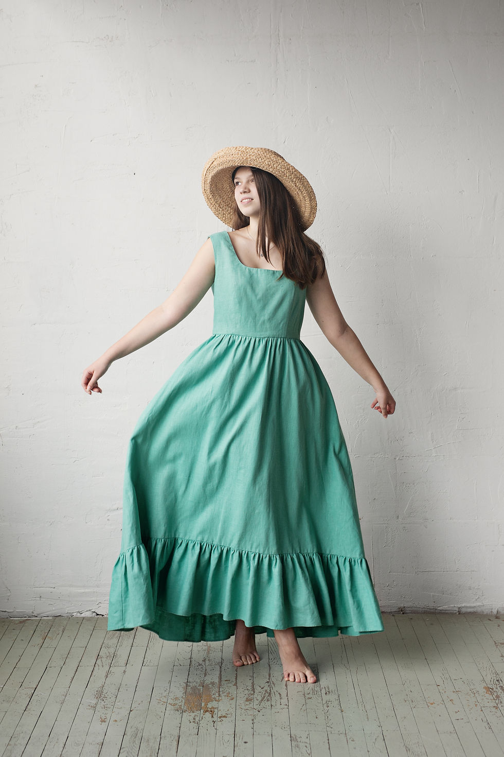 Eye-level view of a beautifully sewn dress showcasing a unique fabric pattern