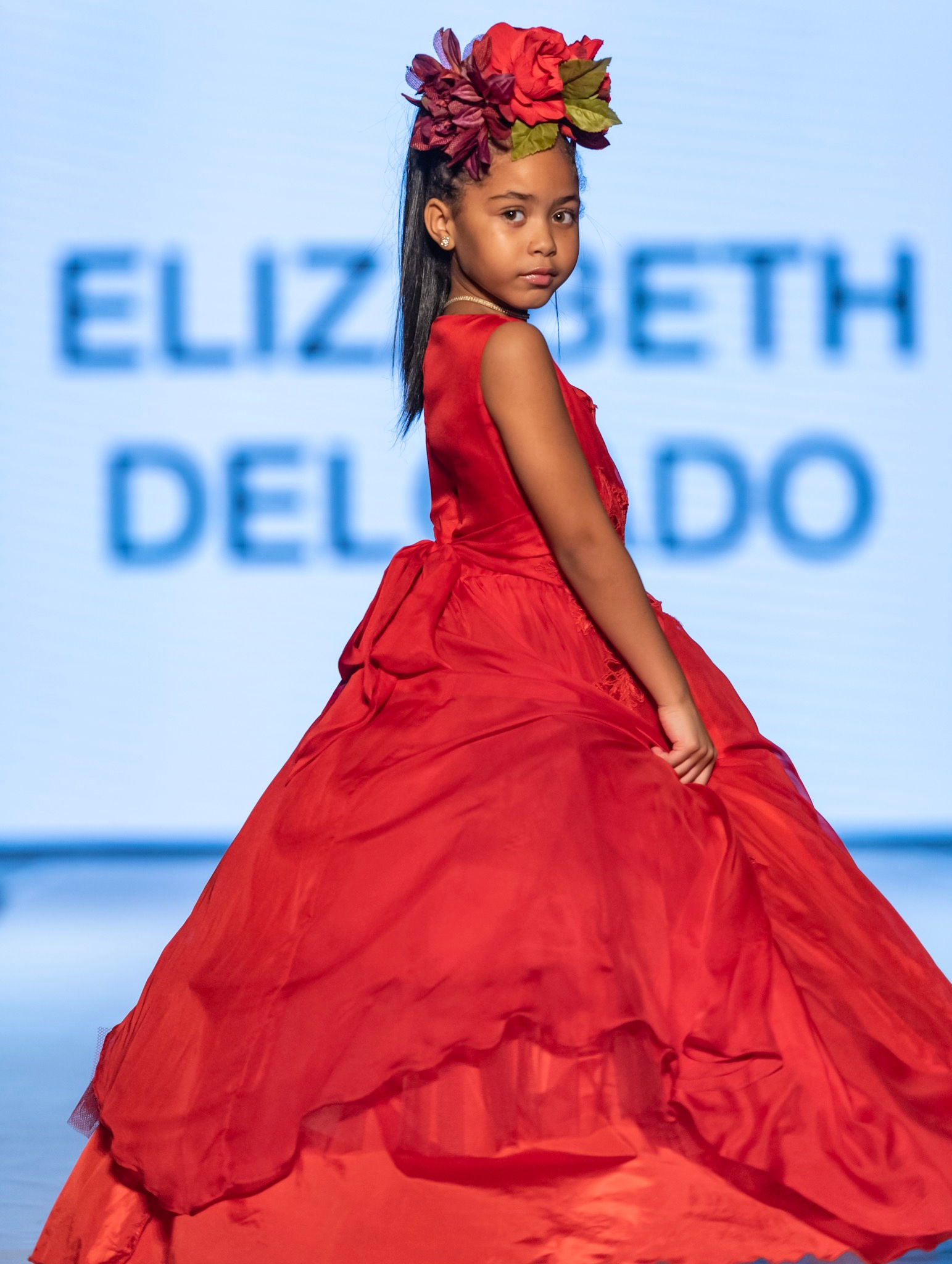 Red chiffon gown with lace appliques
