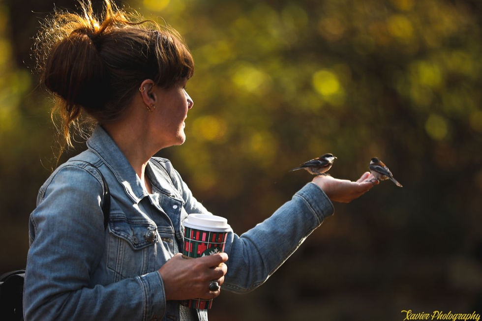 A picture of me feeding little birds, copyright Xavier Photography.