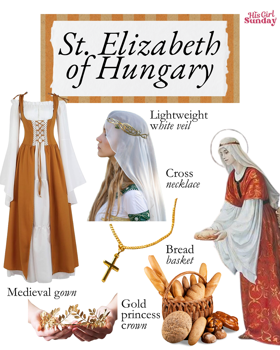 Medieval-themed collage of St. Elizabeth of Hungary with a gown, veil, cross necklace, bread basket, gold crown, and labeled text.