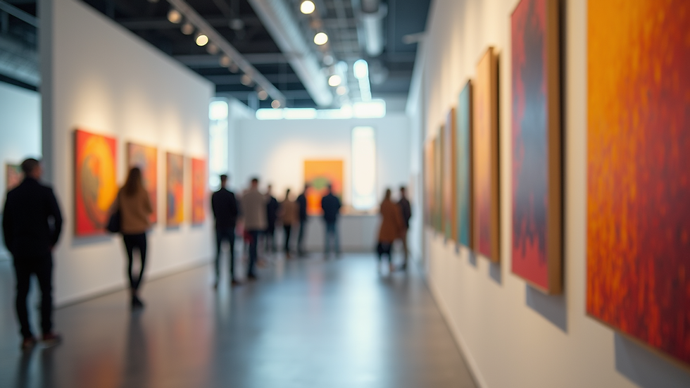 Eye-level view of a colorful art display in a gallery
