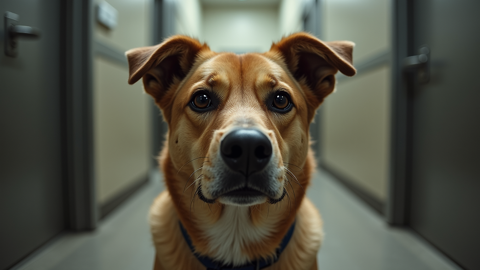 Eye-level view of a dog in a shelter looking hopeful