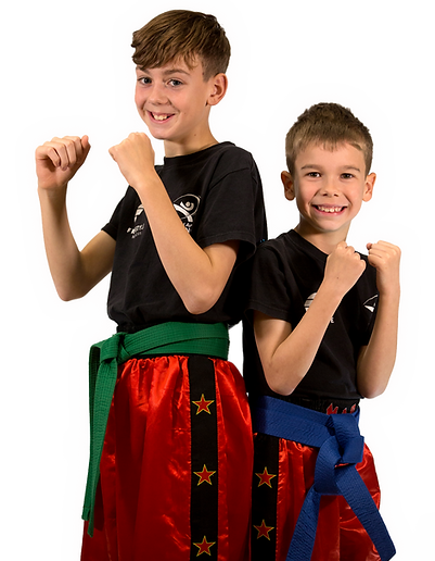 Two family boys posing together in guard position during a martial arts lesson in Bishops Castle