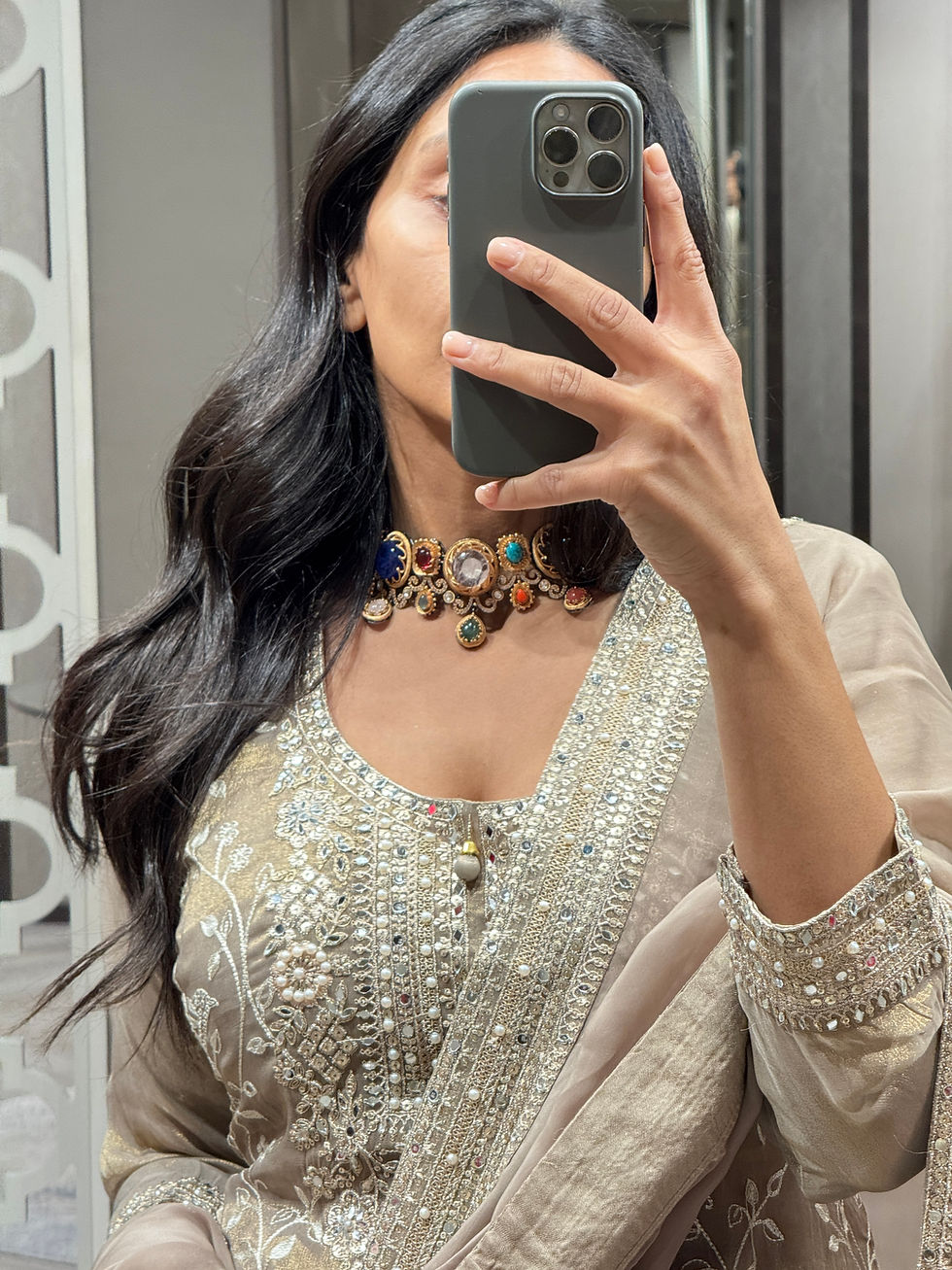 Thumbnail: Mocha Embroidered Sharara Suit - Size 42 : UK 14