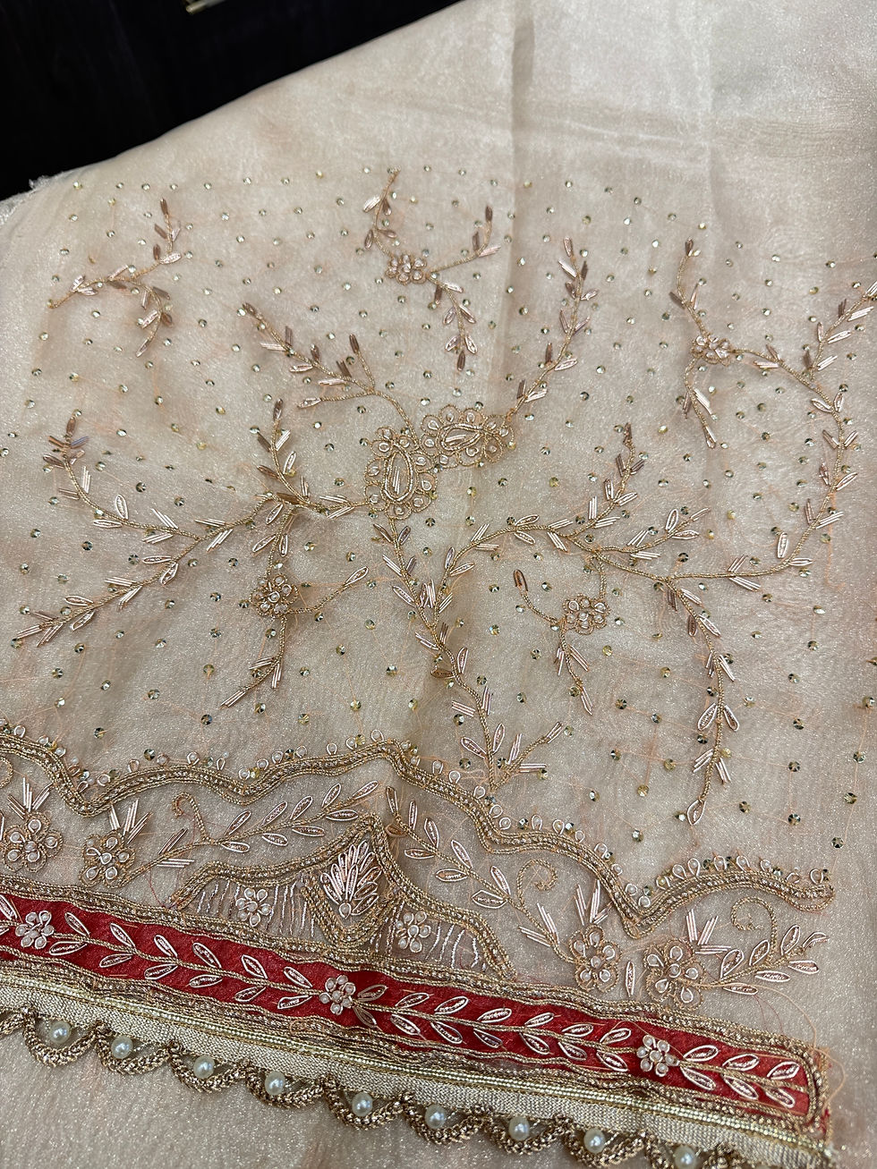 Thumbnail: Creamy Gold & Red Unstitched Salwar Suit