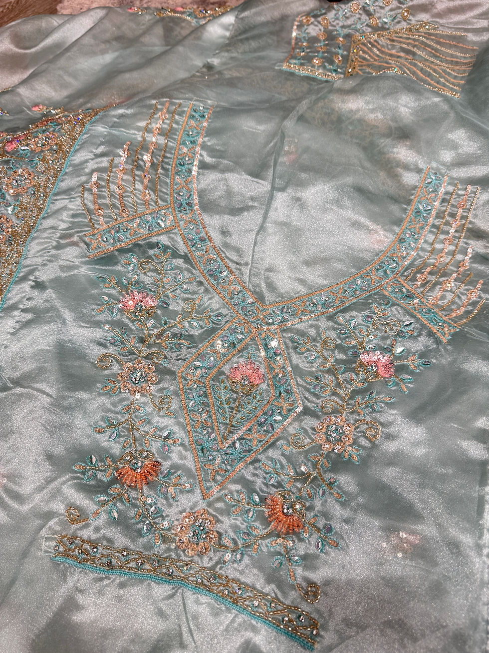 Thumbnail: Minty Blue Shimmer saree - unstitched blouse