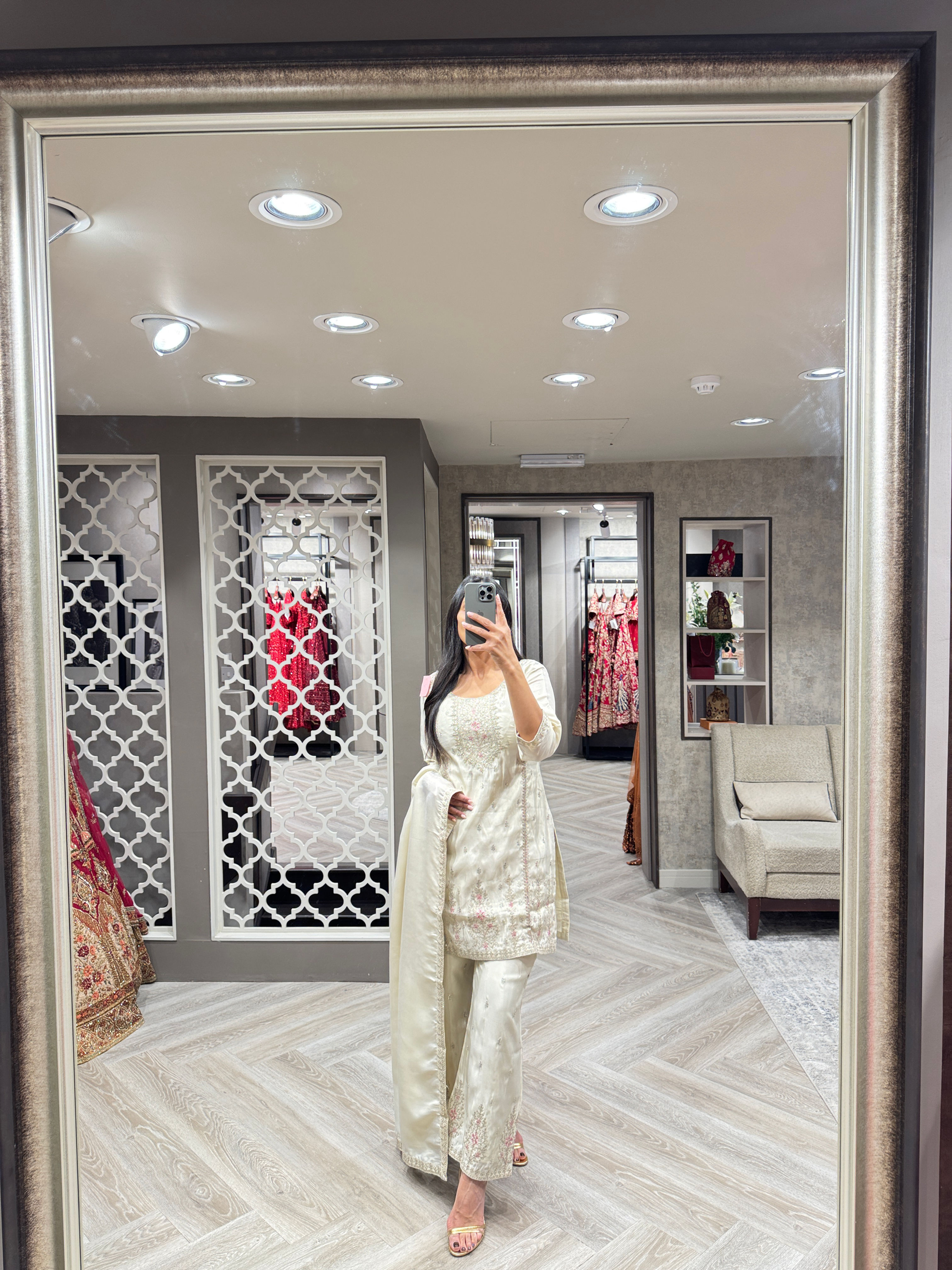Creamy Gold Lines Trouser Suit - Size 38