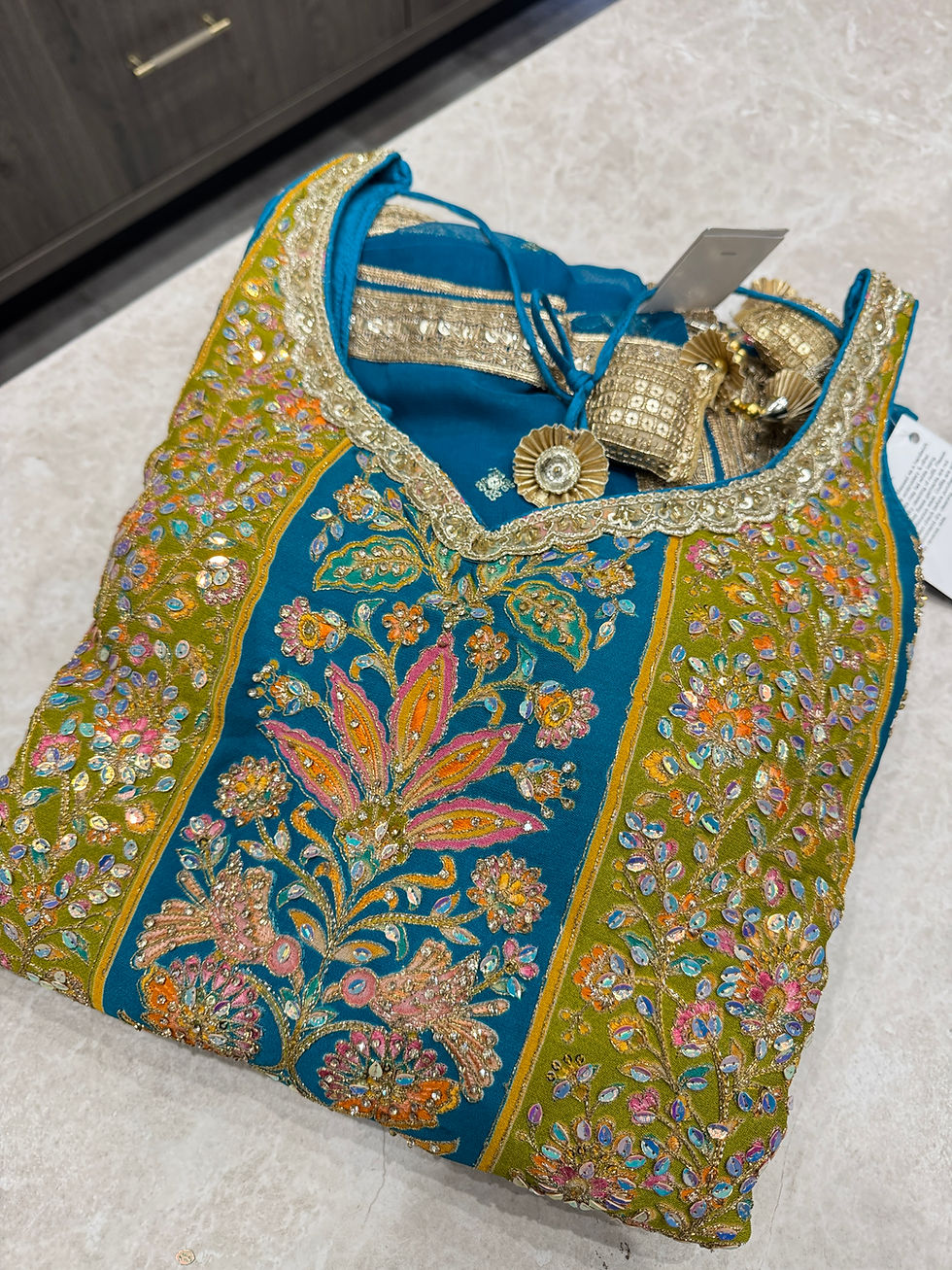 Thumbnail: Turquoise Colourful Salwar Suit - Size 38