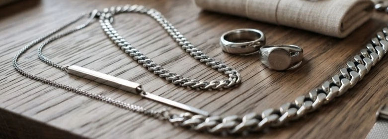 Silver necklaces, chains, and two rings arranged on a wooden surface in a muted, elegant still life.