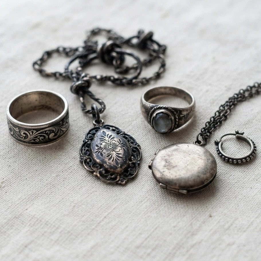 Vintage silver jewelry—rings, pendants, and a locket—laid on beige fabric, softly lit with an antique, delicate feel
