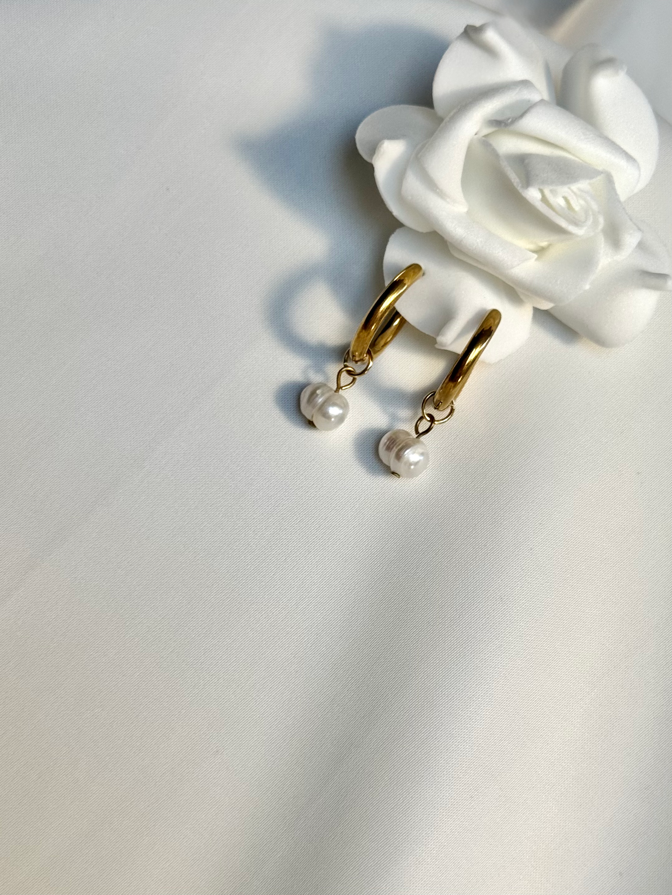 Lucia Freshwater Pearl Hoops on white silk — gold hoops with baroque pearl drops