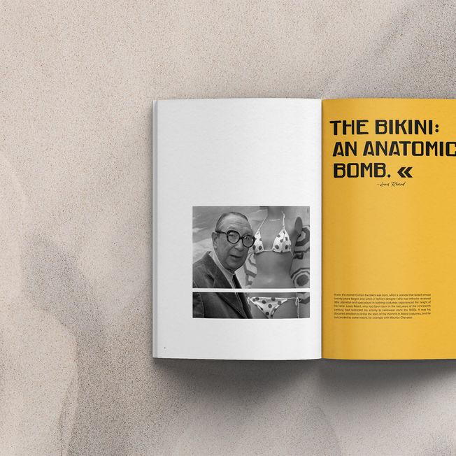Editorial Design Doppelseite mit typografischem Statement „The Bikini: An Anatomical Bomb“ und historischer Bildkomposition für das Magazin „two-piece“ – modernes Editorial Layout