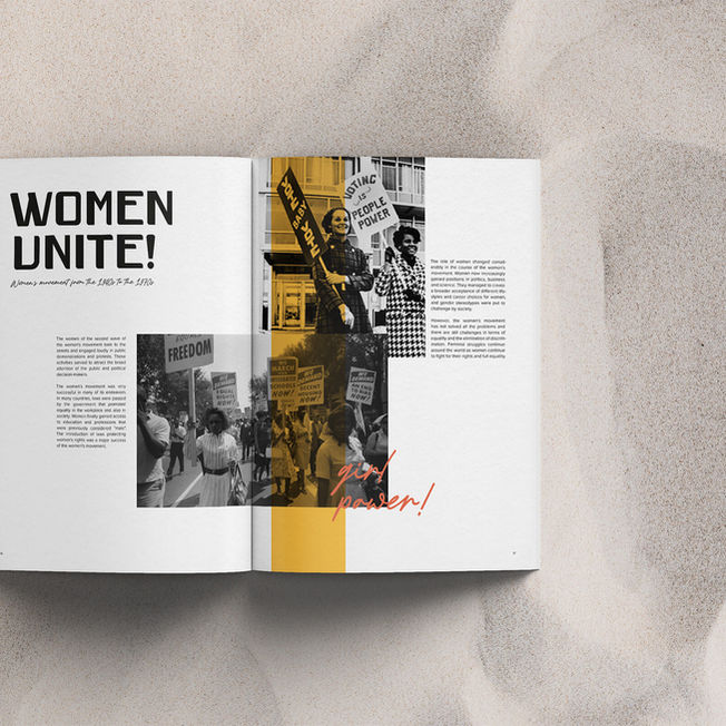 Editorial Design für Magazin-Doppelseite mit feministischer Bildsprache und moderner Typografie