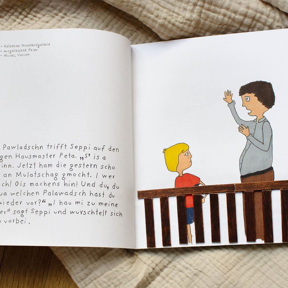 Illustration und Editorial-Design für Kinderbuch mit handgezeichneter Szene und Dialekttext – Buchgestaltung und Illustration