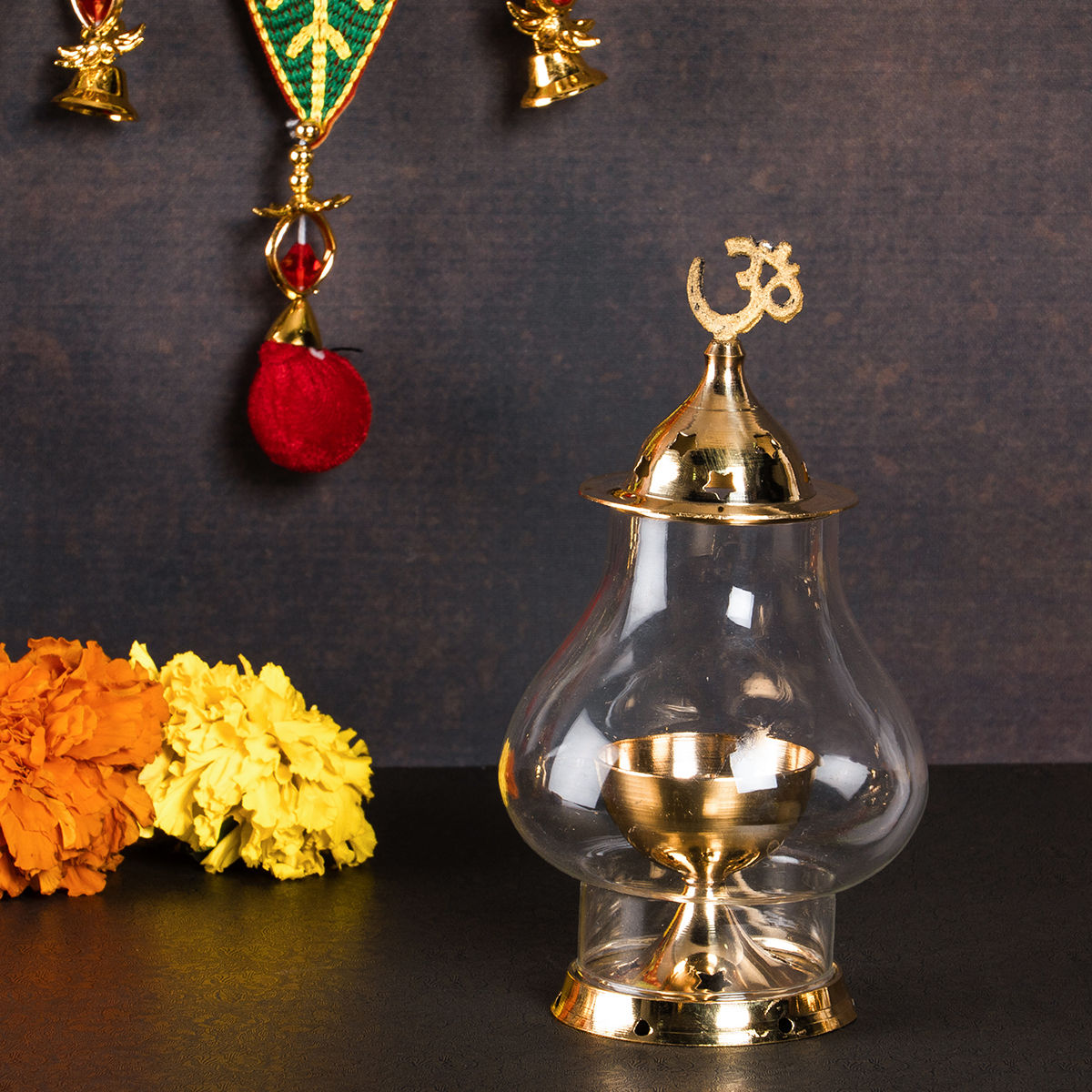 Brass Glass Akhand  Table Diya