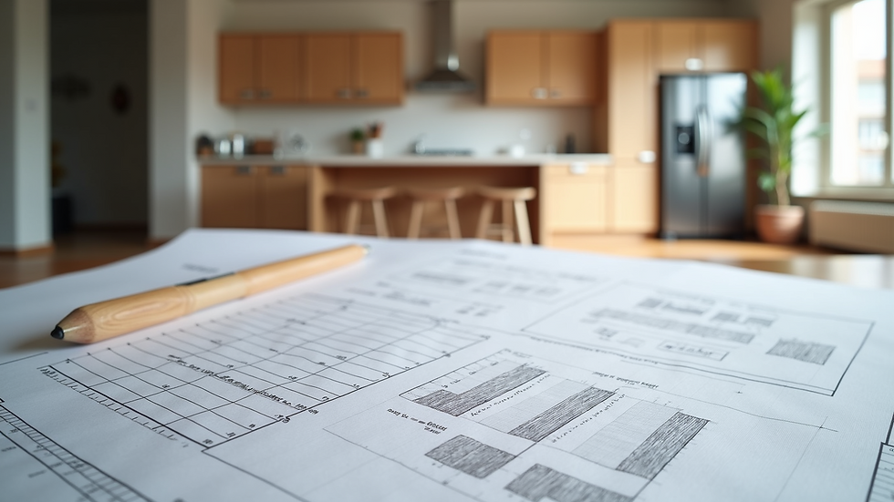 High angle view of kitchen renovation blueprint and budget plan