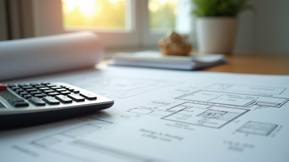Close-up view of home renovation blueprints and calculator on table