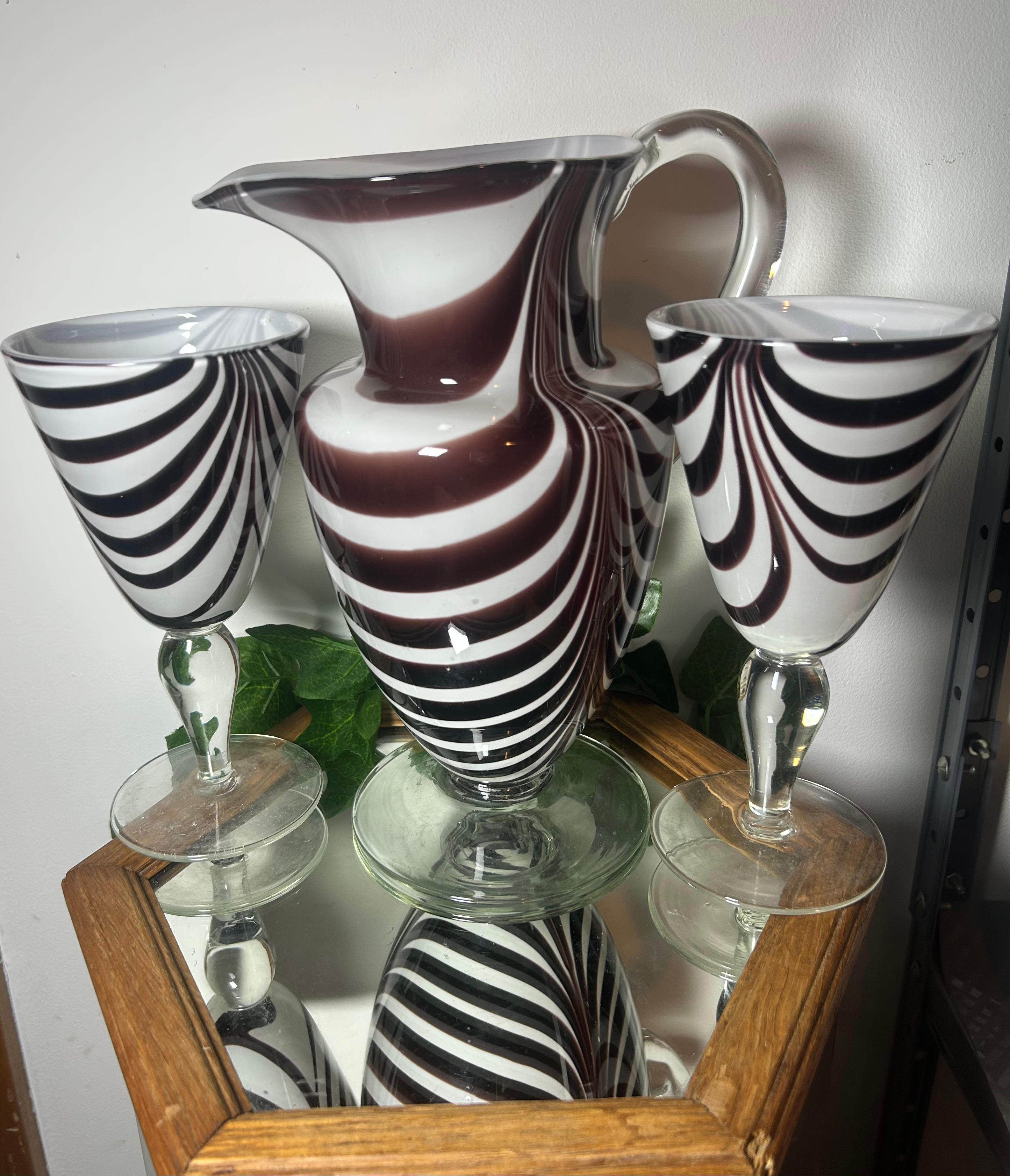 Murano Style Hand Blown Chocolate Brown Swirl Glass Pitcher and 4 Gobletso