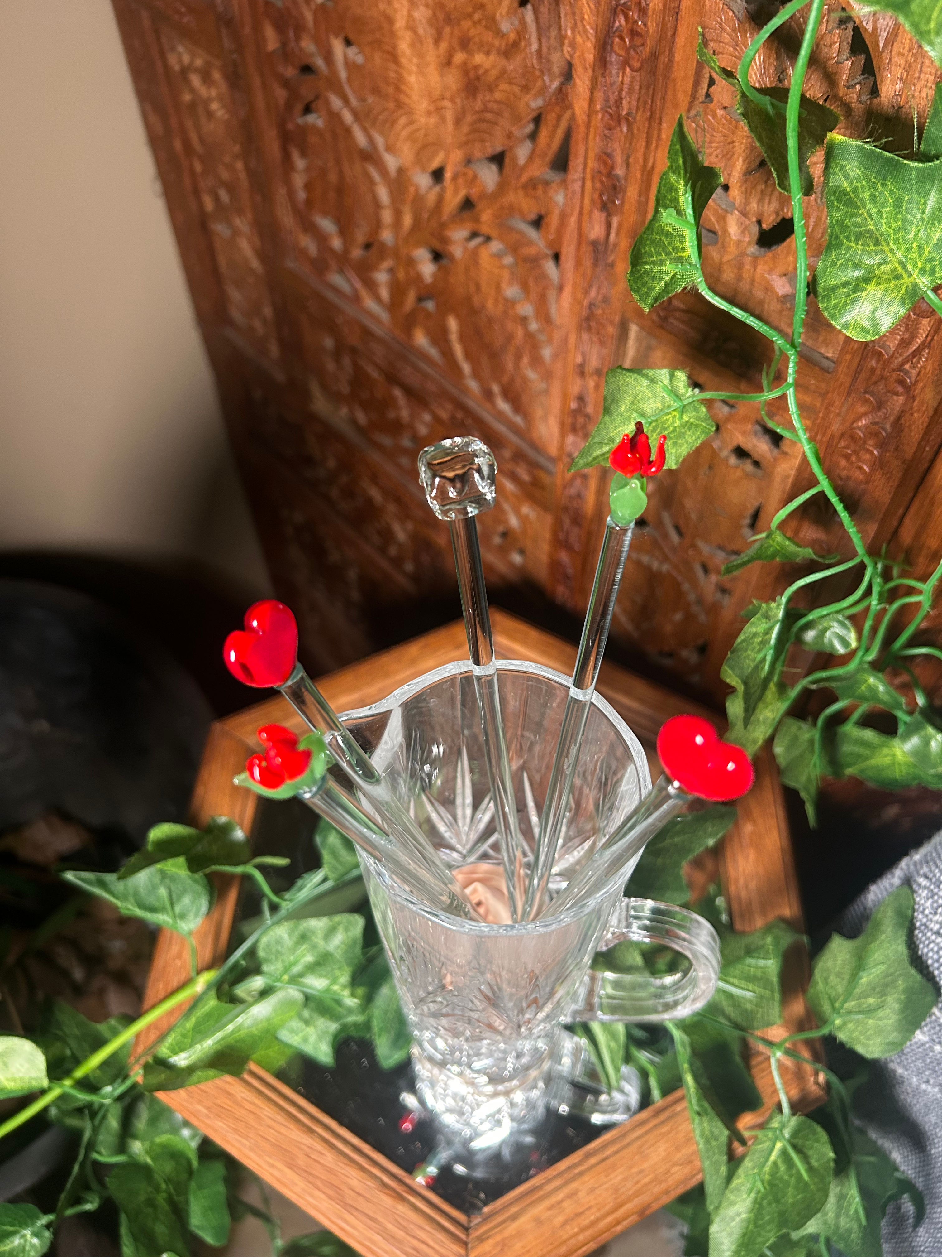 Vintage Glass Cocktail Stirrers - Red Valentine